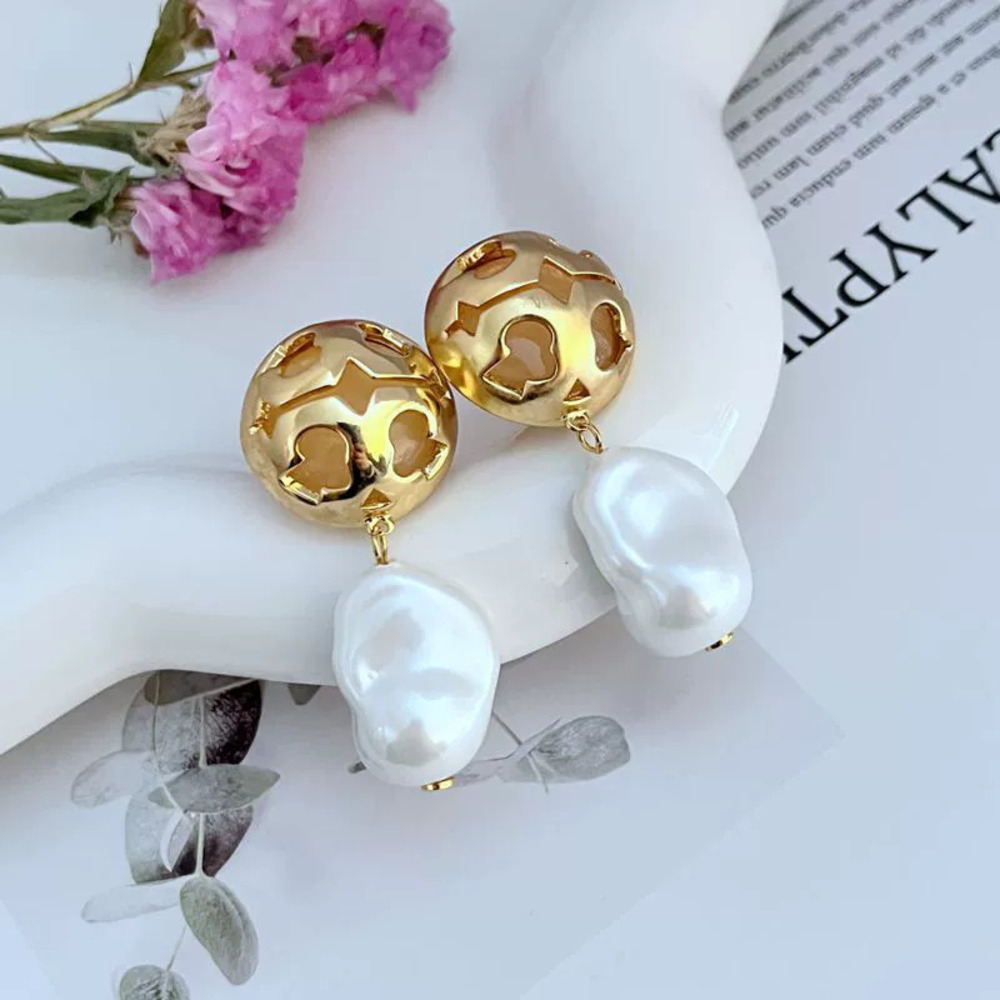 Tory Burch Inlaid 3D Hollow Semi Circle Baroque Pearl Earrings
